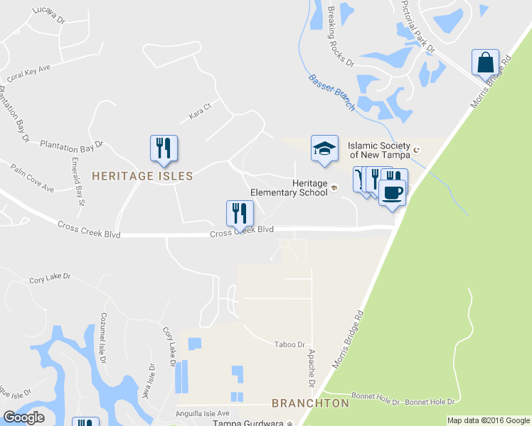 map of restaurants, bars, coffee shops, grocery stores, and more near 18102 Nassau Point Drive in Tampa