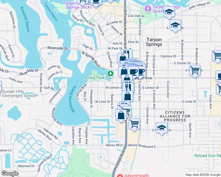 map of restaurants, bars, coffee shops, grocery stores, and more near 219 Bath Street in Tarpon Springs