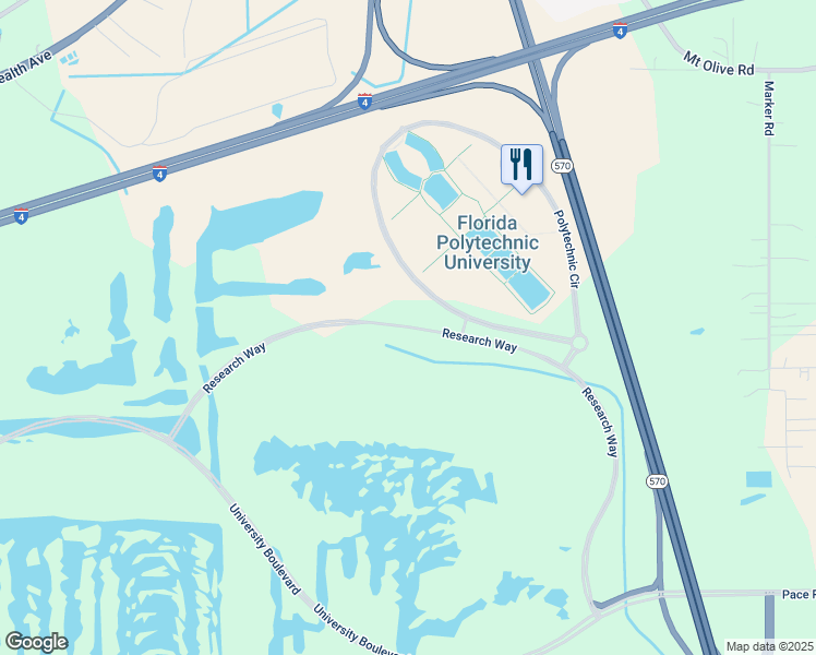 map of restaurants, bars, coffee shops, grocery stores, and more near Research Way in Lakeland