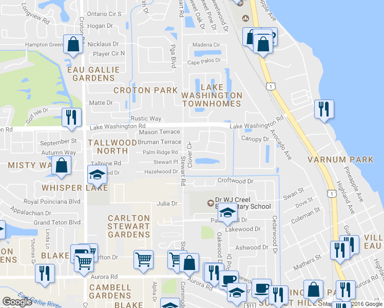 map of restaurants, bars, coffee shops, grocery stores, and more near 1601 Clover Circle in Melbourne