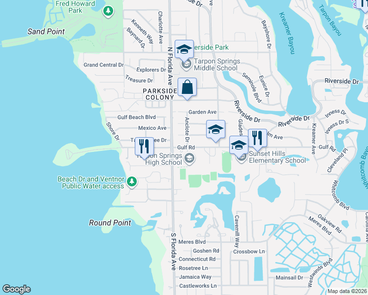 map of restaurants, bars, coffee shops, grocery stores, and more near 1441 Gulf Road in Tarpon Springs