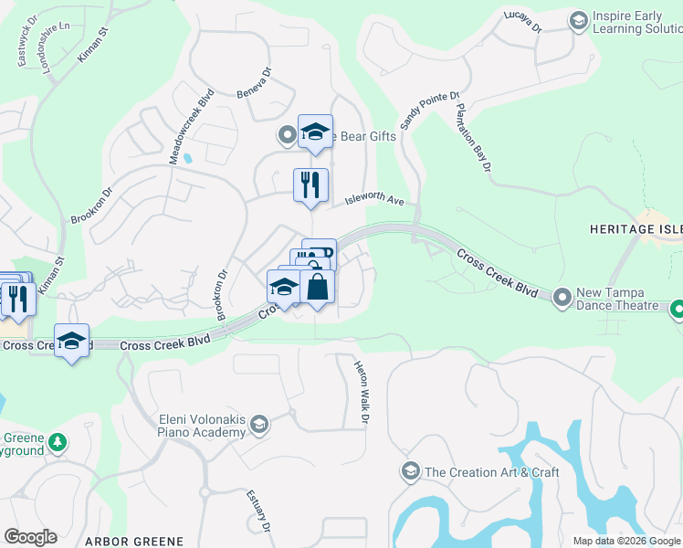 map of restaurants, bars, coffee shops, grocery stores, and more near 10401 Cross Creek Boulevard in Tampa