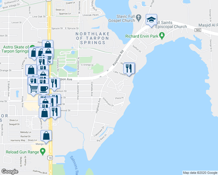 map of restaurants, bars, coffee shops, grocery stores, and more near 301 Forest Heights Drive in Tarpon Springs