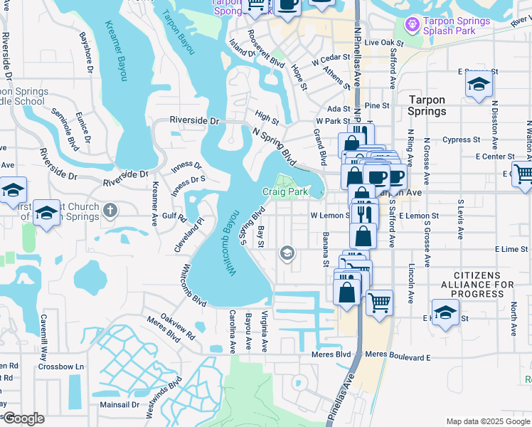 map of restaurants, bars, coffee shops, grocery stores, and more near 301 Bay Street in Tarpon Springs