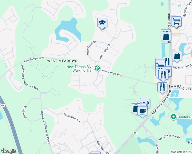 map of restaurants, bars, coffee shops, grocery stores, and more near 18952 Wood Sage Drive in Tampa