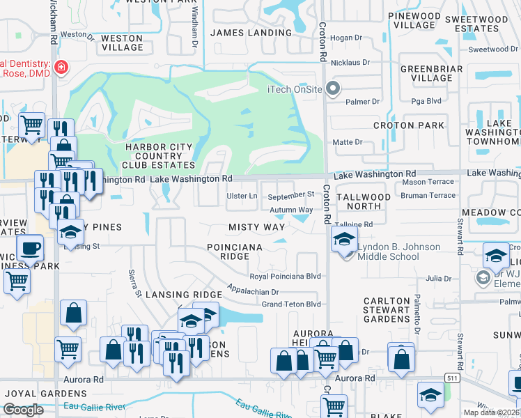 map of restaurants, bars, coffee shops, grocery stores, and more near 2318 Misty Way Lane in Melbourne