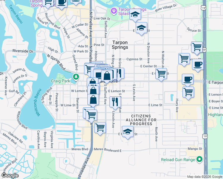 map of restaurants, bars, coffee shops, grocery stores, and more near 303 East Boyer Street in Tarpon Springs