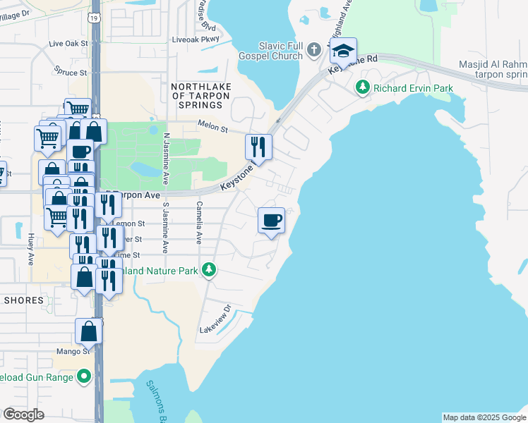 map of restaurants, bars, coffee shops, grocery stores, and more near 94 South Highland Avenue in Tarpon Springs