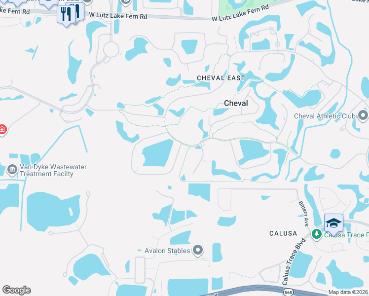 map of restaurants, bars, coffee shops, grocery stores, and more near 18655 Avenue Capri in Lutz