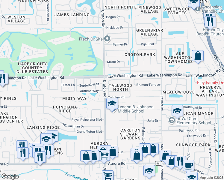 map of restaurants, bars, coffee shops, grocery stores, and more near 1960 Tallpine Road in Melbourne