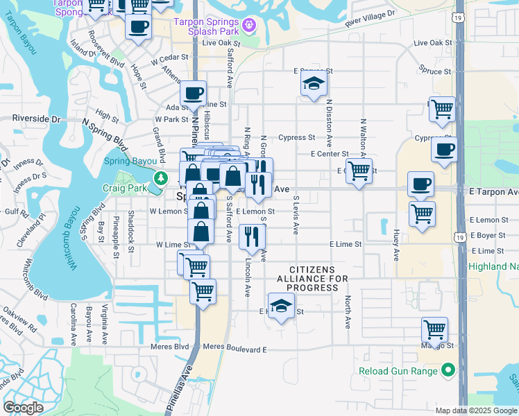 map of restaurants, bars, coffee shops, grocery stores, and more near 303 East Boyer Street in Tarpon Springs