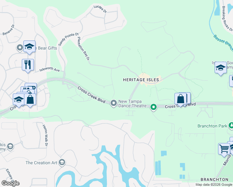 map of restaurants, bars, coffee shops, grocery stores, and more near 18103 Emerald Bay Street in Tampa