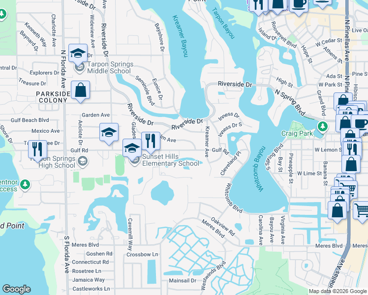 map of restaurants, bars, coffee shops, grocery stores, and more near 1021 Gulf Road in Tarpon Springs