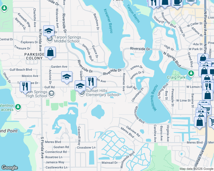map of restaurants, bars, coffee shops, grocery stores, and more near 1021 Gulf Road in Tarpon Springs