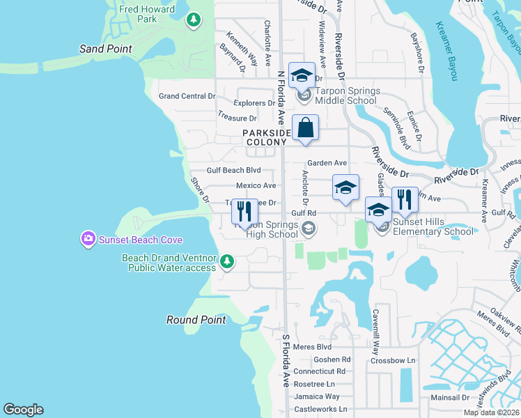 map of restaurants, bars, coffee shops, grocery stores, and more near 1629 Gulf Road in Tarpon Springs