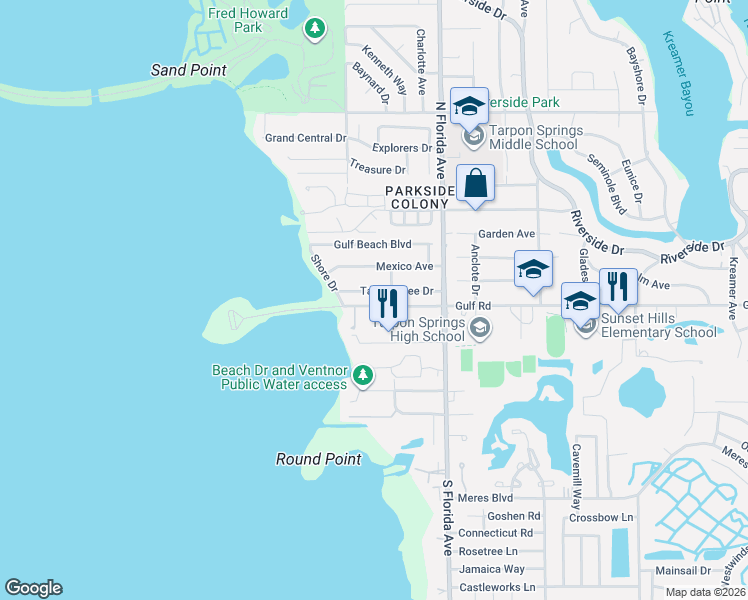 map of restaurants, bars, coffee shops, grocery stores, and more near 1719 Gulf Road in Tarpon Springs