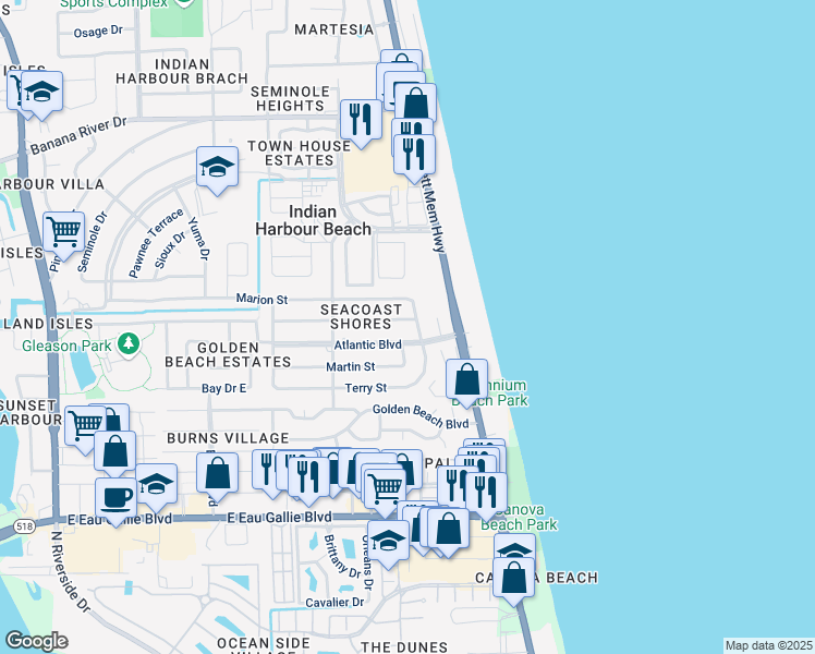 map of restaurants, bars, coffee shops, grocery stores, and more near 103 Freddie Street in Satellite Beach