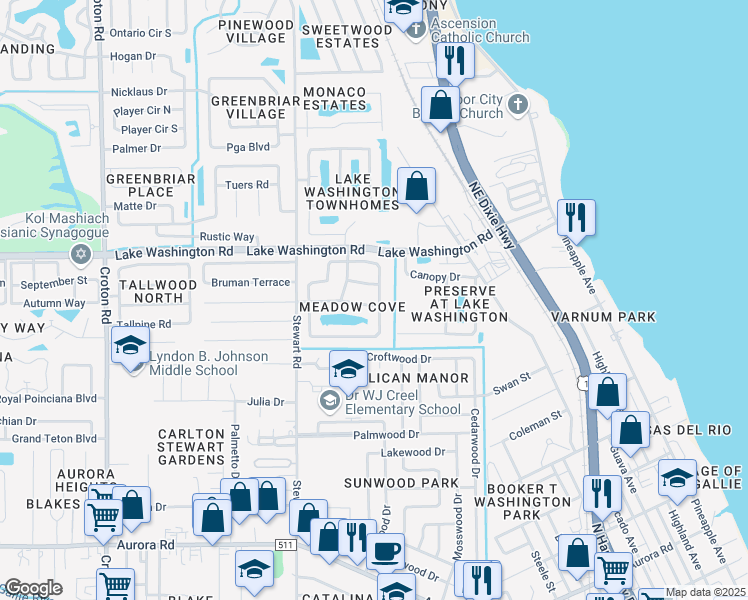 map of restaurants, bars, coffee shops, grocery stores, and more near 1767 Clover Circle in Melbourne