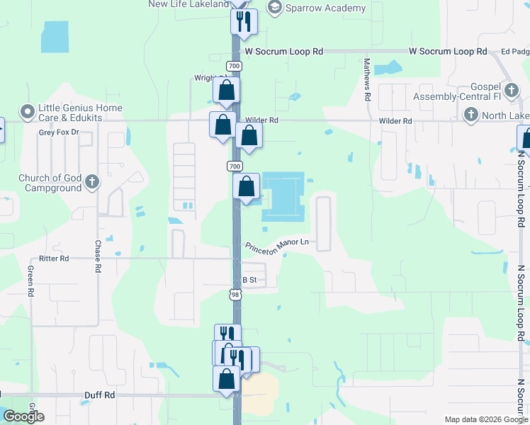 map of restaurants, bars, coffee shops, grocery stores, and more near 7935 U.S. 98 in Lakeland