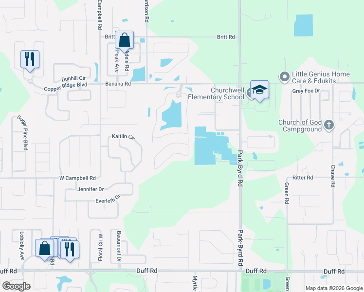 map of restaurants, bars, coffee shops, grocery stores, and more near 7774 Lake James Boulevard in Lakeland