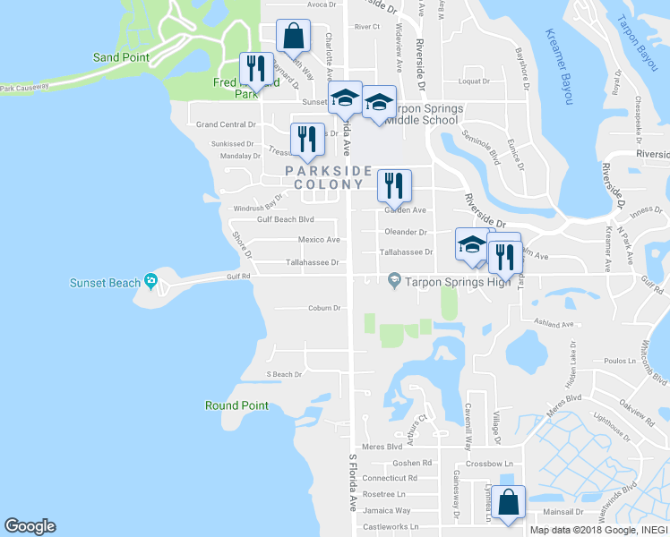 map of restaurants, bars, coffee shops, grocery stores, and more near 1604 Gulf Road in Tarpon Springs