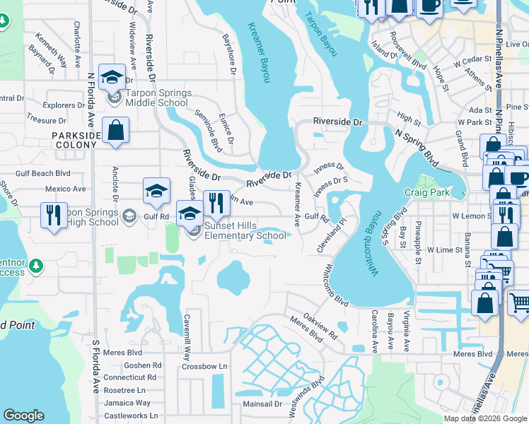 map of restaurants, bars, coffee shops, grocery stores, and more near 1006 Gulf Road in Tarpon Springs