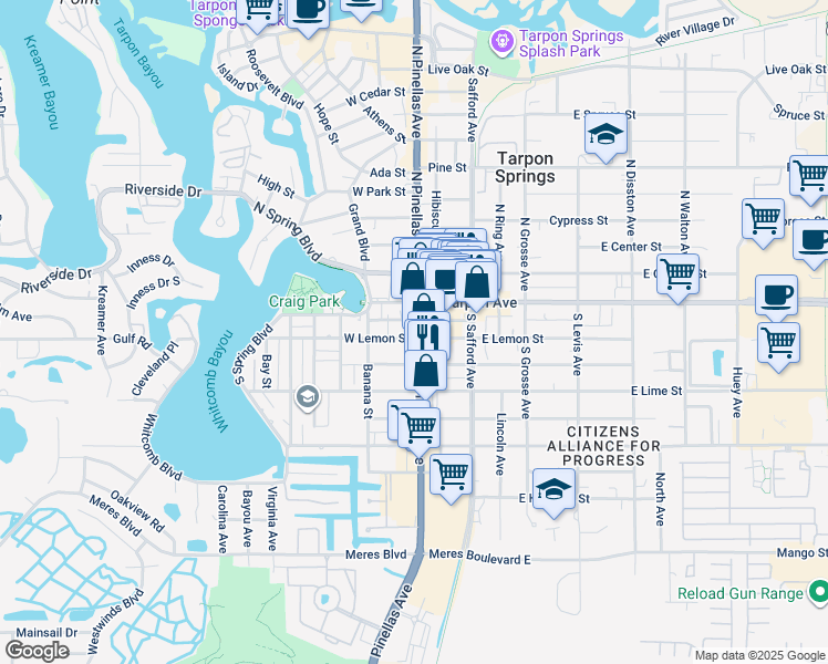 map of restaurants, bars, coffee shops, grocery stores, and more near 304 South Pinellas Avenue in Tarpon Springs