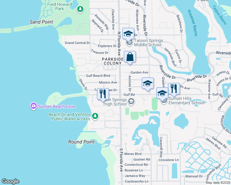 map of restaurants, bars, coffee shops, grocery stores, and more near 1604 Gulf Road in Tarpon Springs