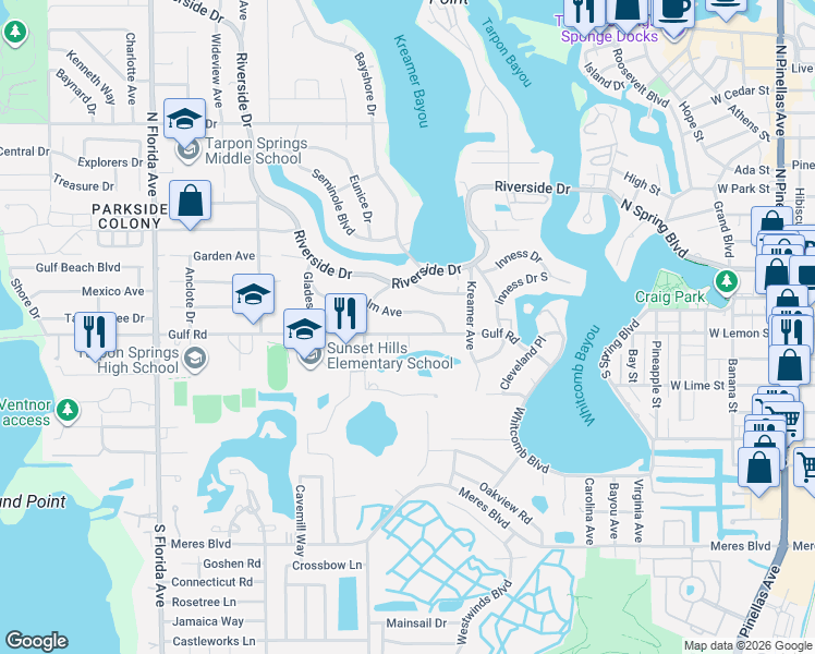 map of restaurants, bars, coffee shops, grocery stores, and more near 1010 Gulf Road in Tarpon Springs