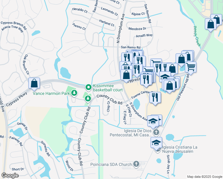 map of restaurants, bars, coffee shops, grocery stores, and more near 11 South Flag Drive in Kissimmee