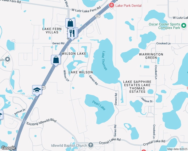 map of restaurants, bars, coffee shops, grocery stores, and more near 18717 Geraci Road in Lutz