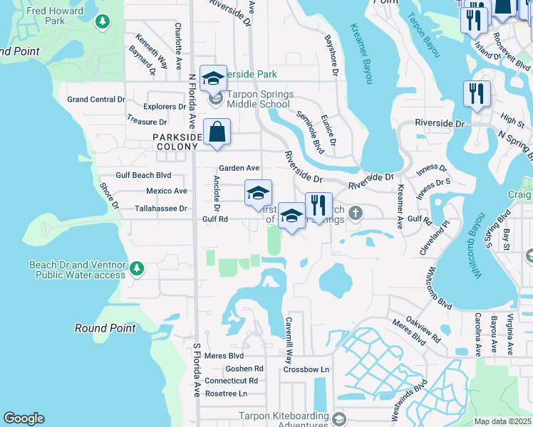 map of restaurants, bars, coffee shops, grocery stores, and more near 1402 Tallahassee Drive in Tarpon Springs