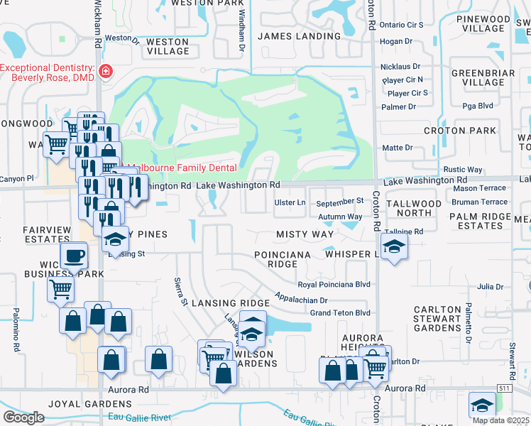 map of restaurants, bars, coffee shops, grocery stores, and more near 2301 Central Park Drive in Melbourne