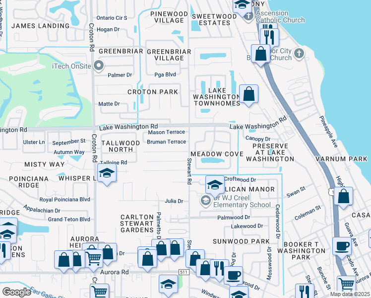 map of restaurants, bars, coffee shops, grocery stores, and more near 1638 Bruman Terrace in Melbourne