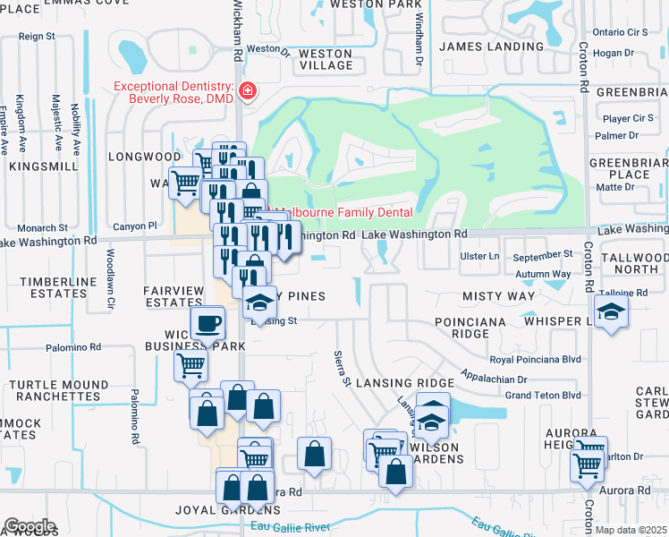 map of restaurants, bars, coffee shops, grocery stores, and more near 2334 Golf Lake Circle in Melbourne