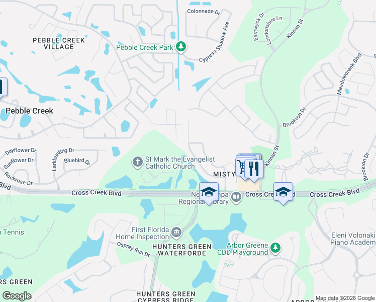map of restaurants, bars, coffee shops, grocery stores, and more near 18135 Sweet Jasmine Drive in Tampa