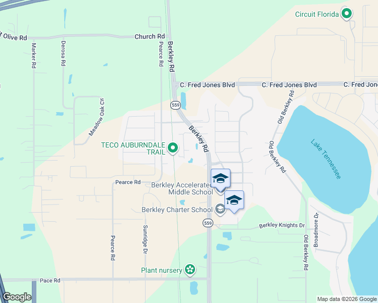 map of restaurants, bars, coffee shops, grocery stores, and more near 5571 Berkley Road in Auburndale