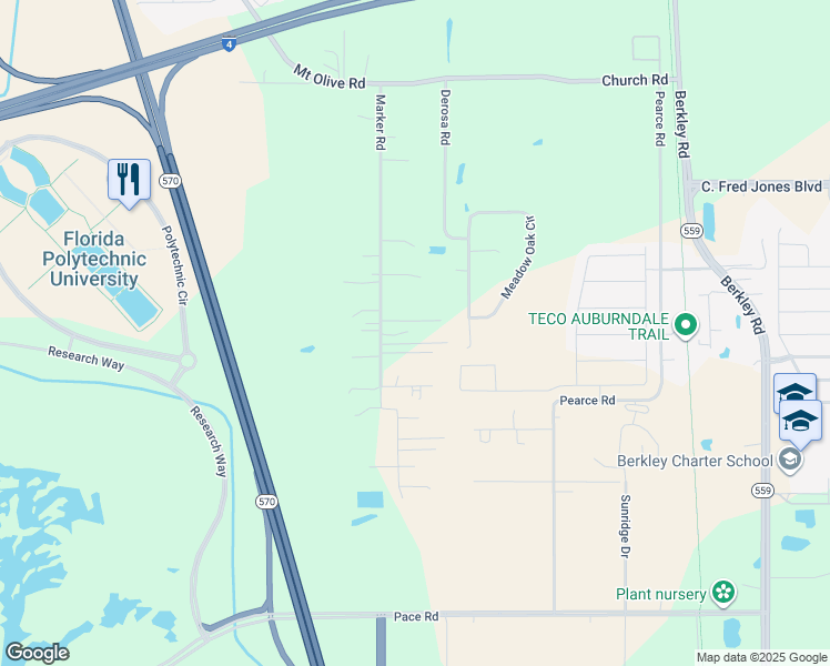 map of restaurants, bars, coffee shops, grocery stores, and more near 1765 Coquina Drive in Polk City