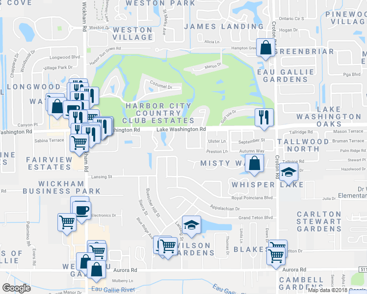 map of restaurants, bars, coffee shops, grocery stores, and more near 2352 Eden Park Drive in Melbourne