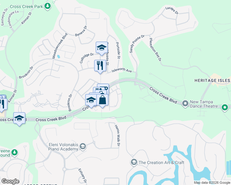 map of restaurants, bars, coffee shops, grocery stores, and more near 18110 Villa Creek Drive in Tampa