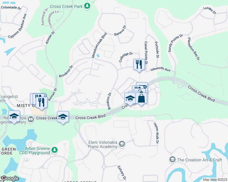 map of restaurants, bars, coffee shops, grocery stores, and more near 18042 Birdwater Drive in Tampa