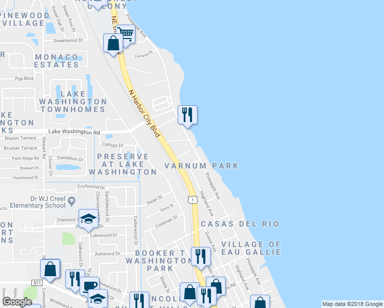 map of restaurants, bars, coffee shops, grocery stores, and more near 2365 Pineapple Avenue in Melbourne