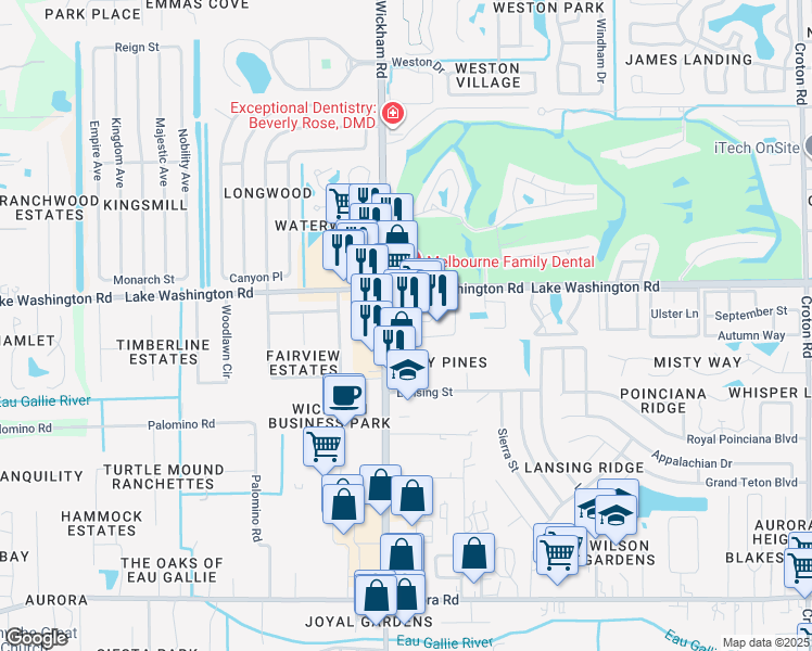 map of restaurants, bars, coffee shops, grocery stores, and more near 2447 North Wickham Road in Melbourne