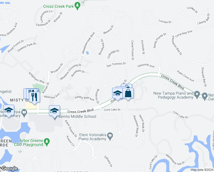map of restaurants, bars, coffee shops, grocery stores, and more near 18101 Birdwater Drive in Tampa