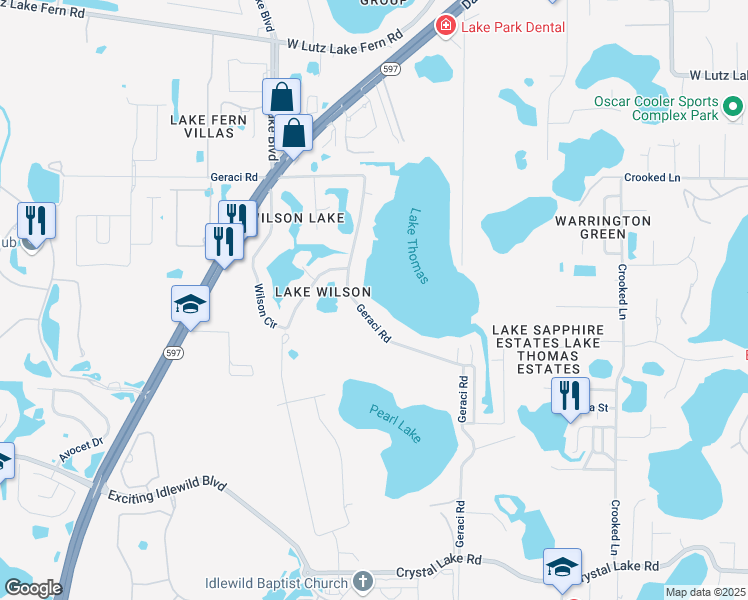 map of restaurants, bars, coffee shops, grocery stores, and more near 18717 Geraci Road in Lutz