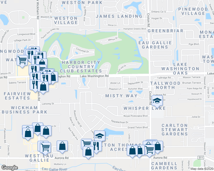 map of restaurants, bars, coffee shops, grocery stores, and more near 2355 Forest Park Drive in Melbourne