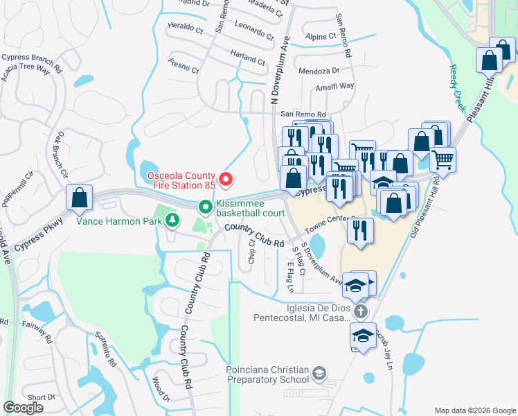 map of restaurants, bars, coffee shops, grocery stores, and more near 14 South Flag Drive in Kissimmee
