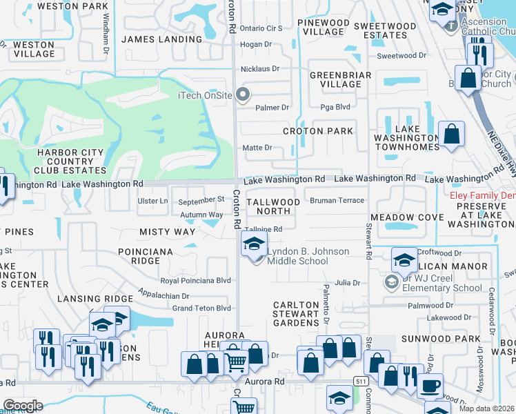 map of restaurants, bars, coffee shops, grocery stores, and more near 1960 Tallpalm Road in Melbourne