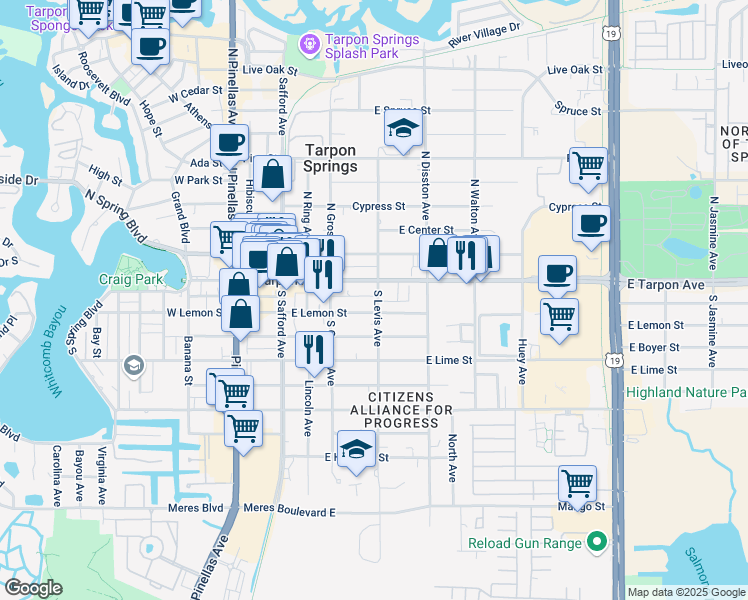 map of restaurants, bars, coffee shops, grocery stores, and more near 3 South Levis Avenue in Tarpon Springs