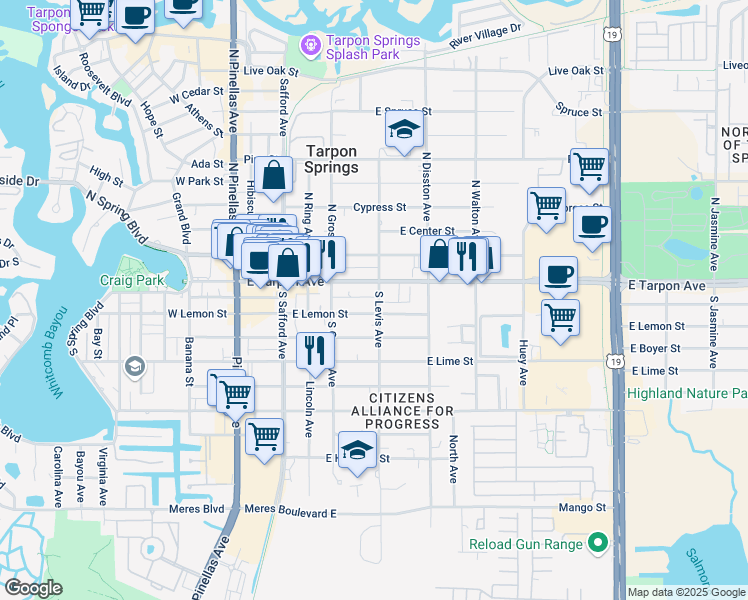 map of restaurants, bars, coffee shops, grocery stores, and more near 3 South Levis Avenue in Tarpon Springs
